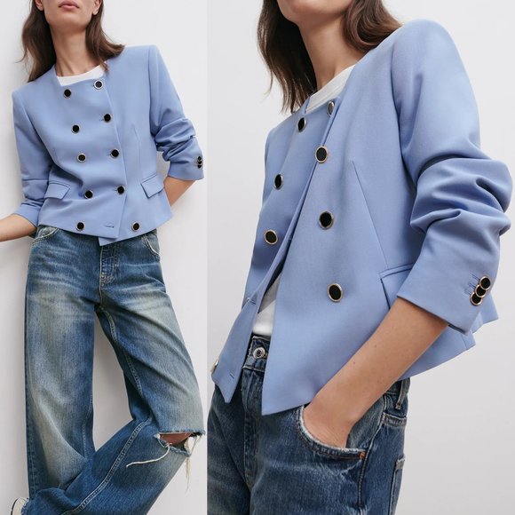NEW Zara Cropped Double Breasted Blazer Mid Blue S - Picture 2 of 11